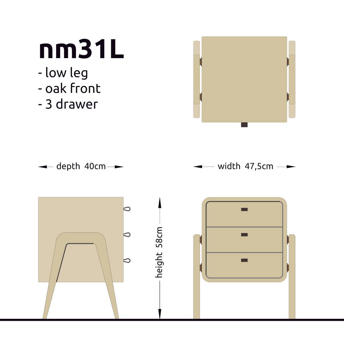 Low drawer unit nm31L. The main corpus is crafted from solid Norwegian oak, featuring 3 drawers with natural oak front.