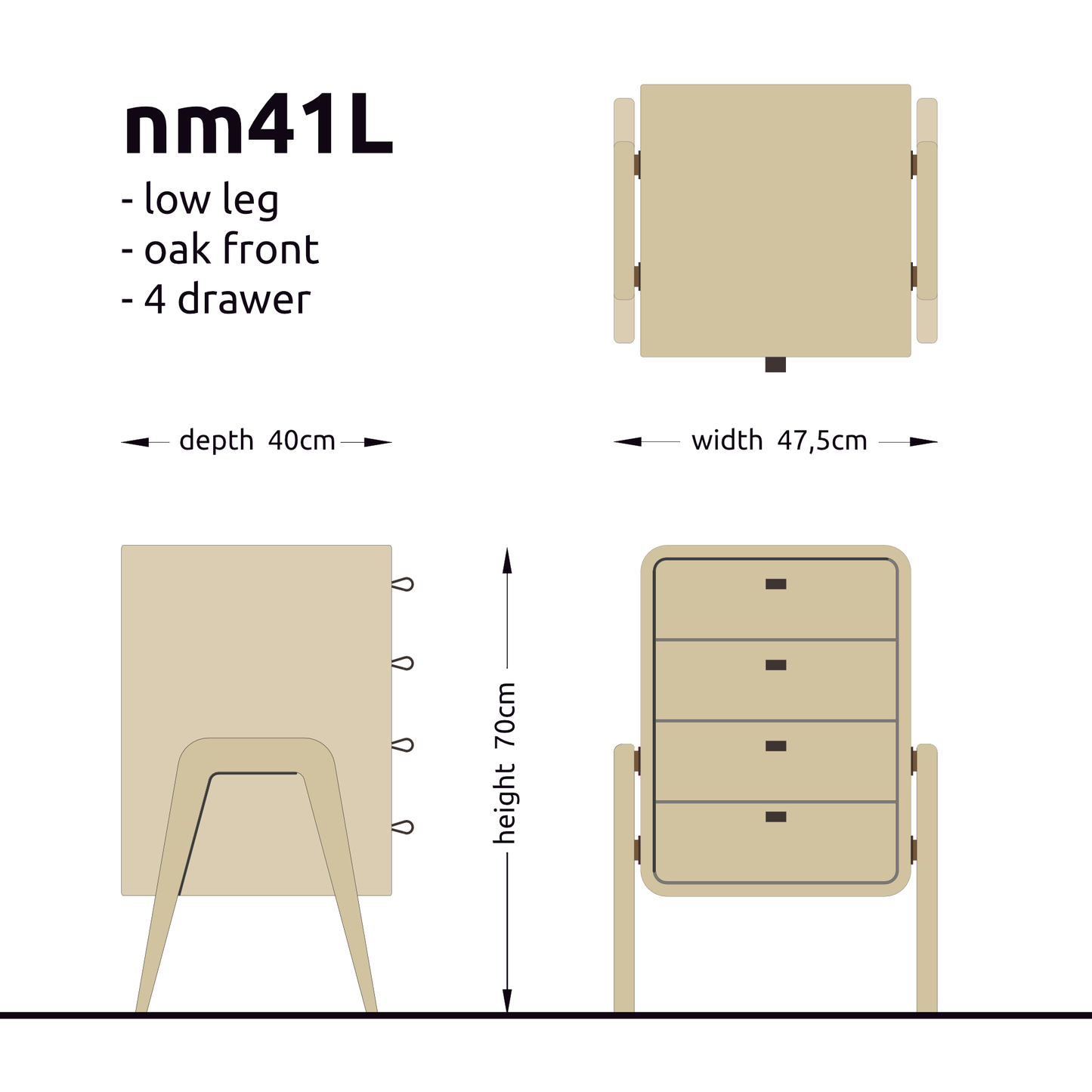 Low drawer unit nm41L. The main corpus is crafted from solid Norwegian oak, featuring 4 drawers with natural oak front.