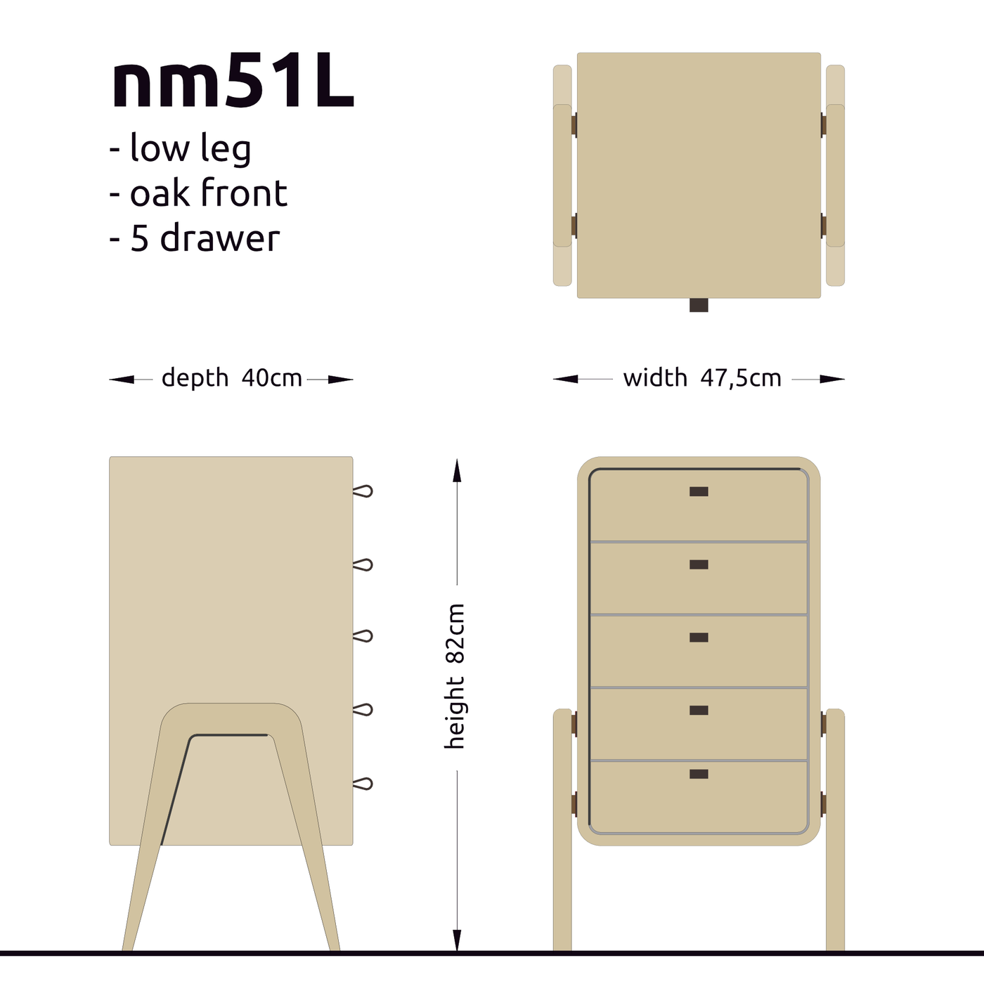 Low drawer unit nm51L. The main corpus is crafted from solid Norwegian oak, featuring 5 drawers with natural oak front.