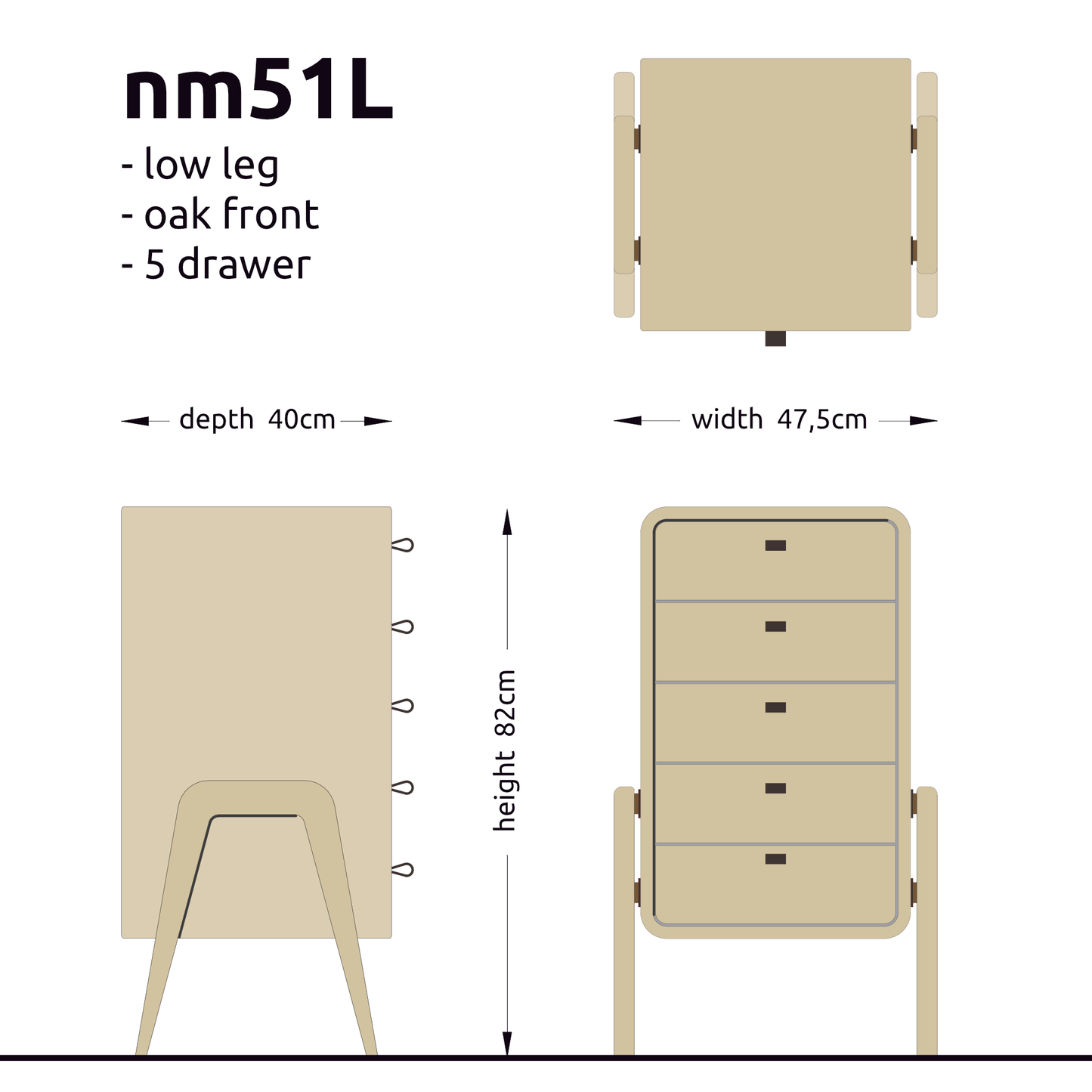 Low drawer unit nm51L. The main corpus is crafted from solid Norwegian oak, featuring 5 drawers with natural oak front.