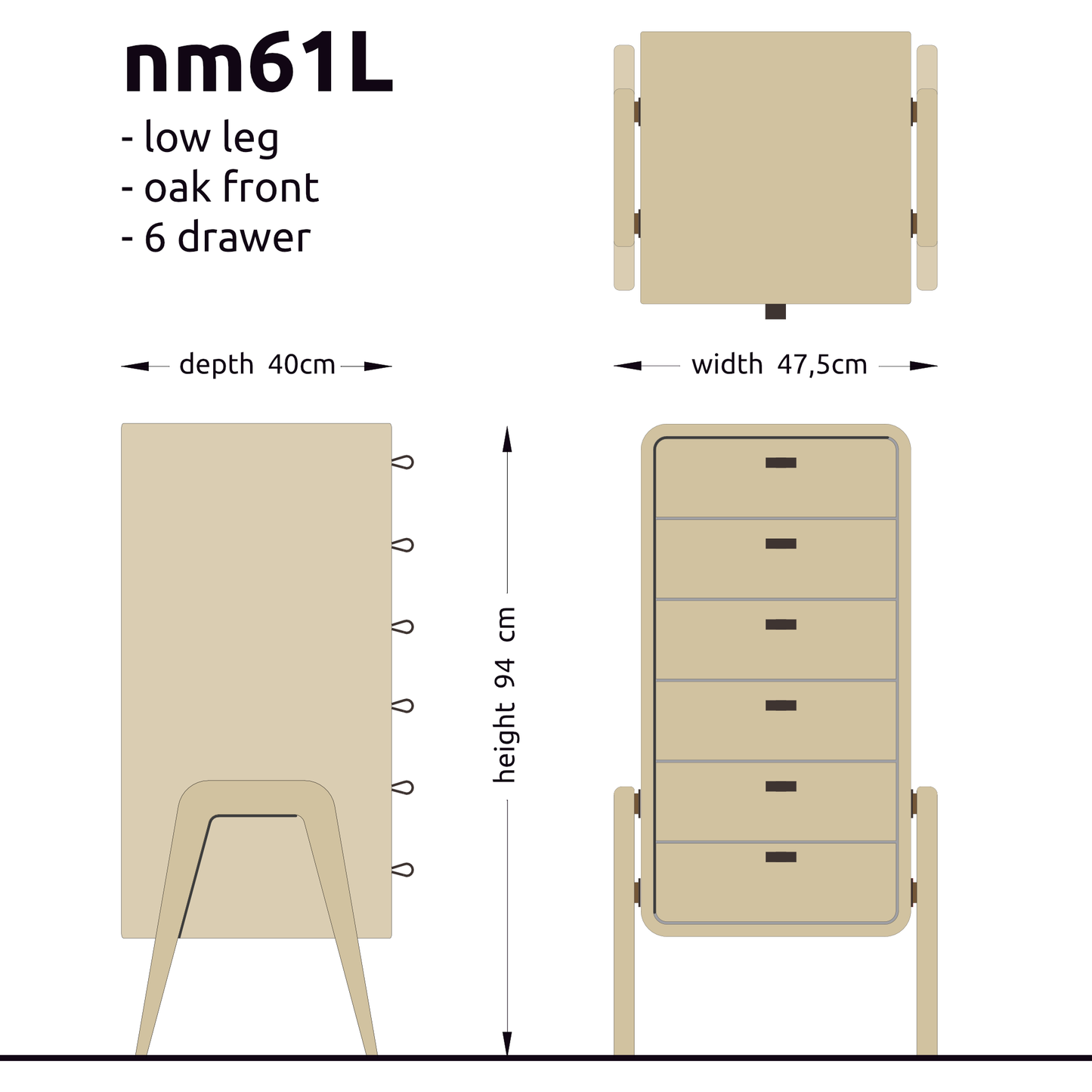 Low drawer unit nm61L. The main corpus is crafted from solid Norwegian oak, featuring 6 drawers with natural oak front.