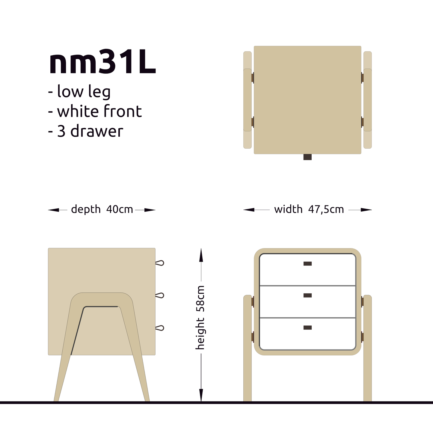 Low drawer unit nm31L. The main corpus is crafted from solid Norwegian oak, featuring 3 drawers with white front.