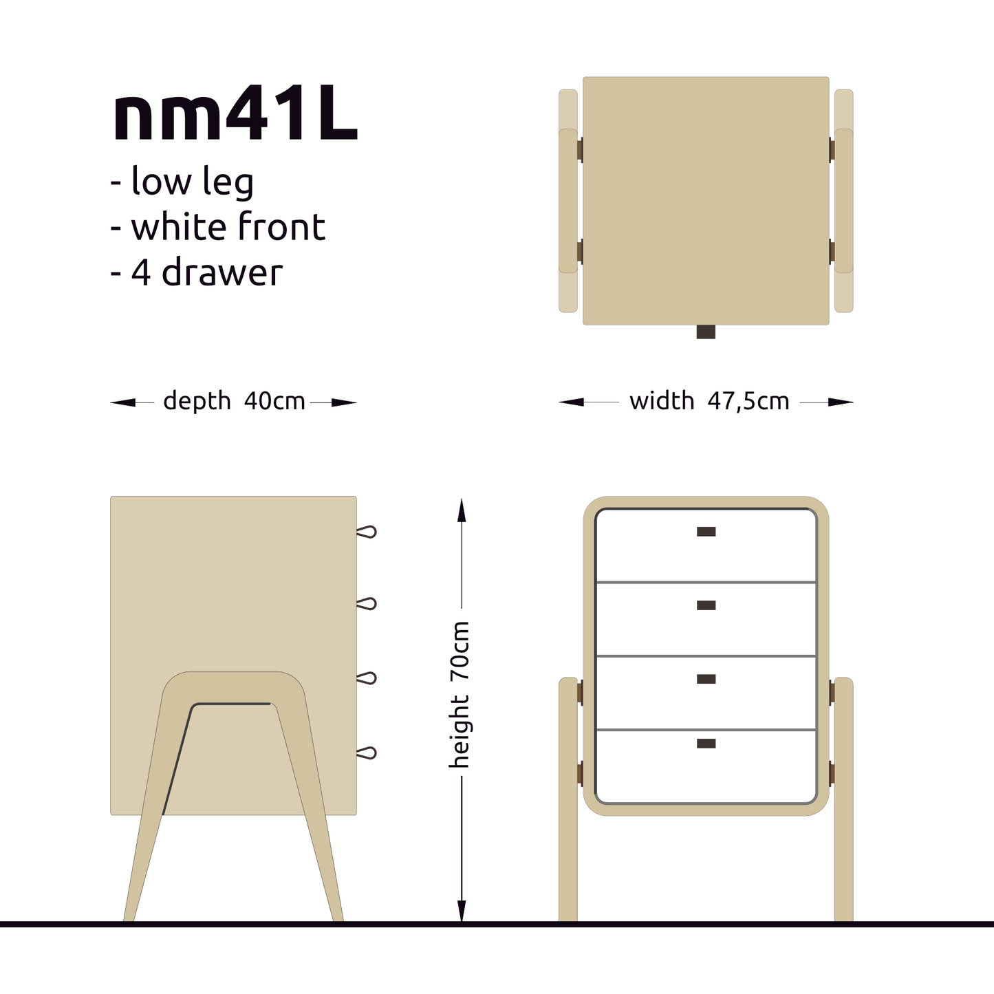 Low drawer unit nm41L. The main corpus is crafted from solid Norwegian oak, featuring 4 drawers with white front.