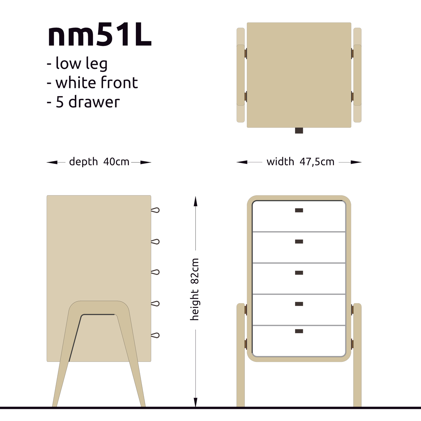 Low drawer unit nm51L. The main corpus is crafted from solid Norwegian oak, featuring 5 drawers with white front.