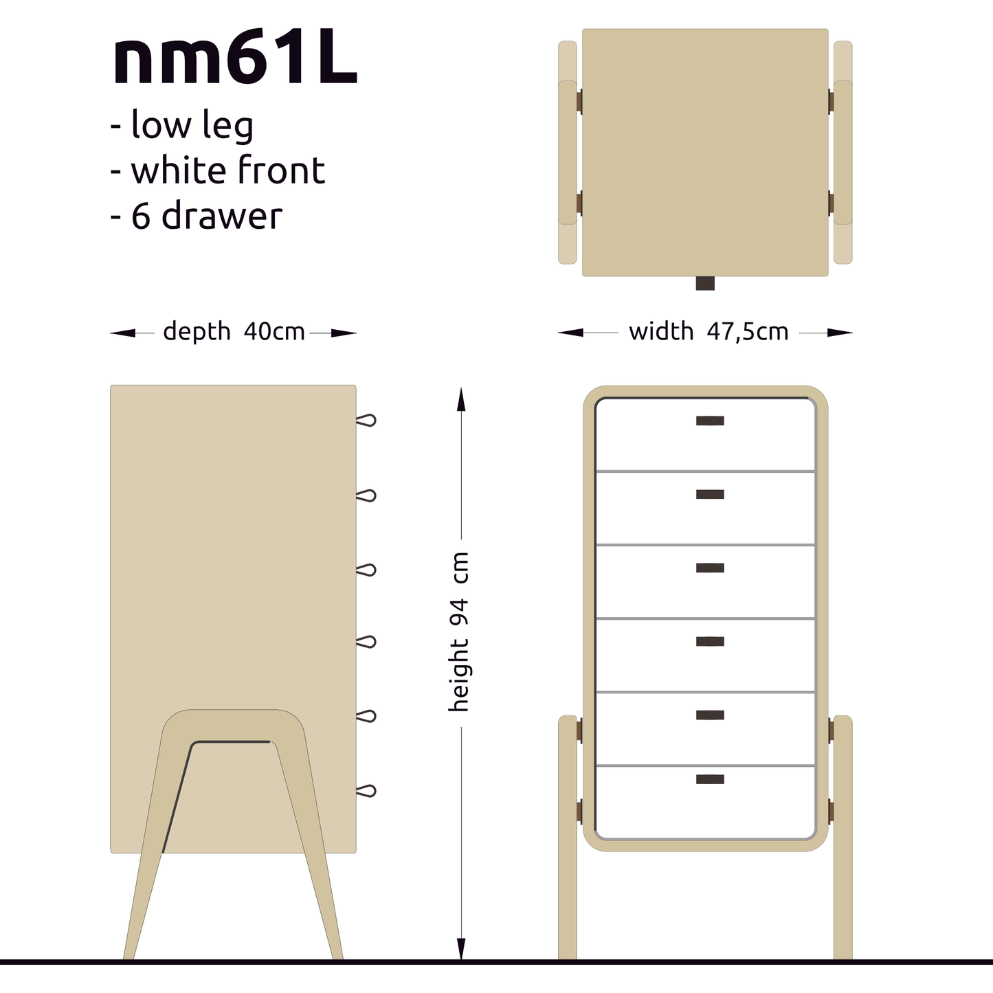 Low drawer unit nm61L. The main corpus is crafted from solid Norwegian oak, featuring 6 drawers with white front.