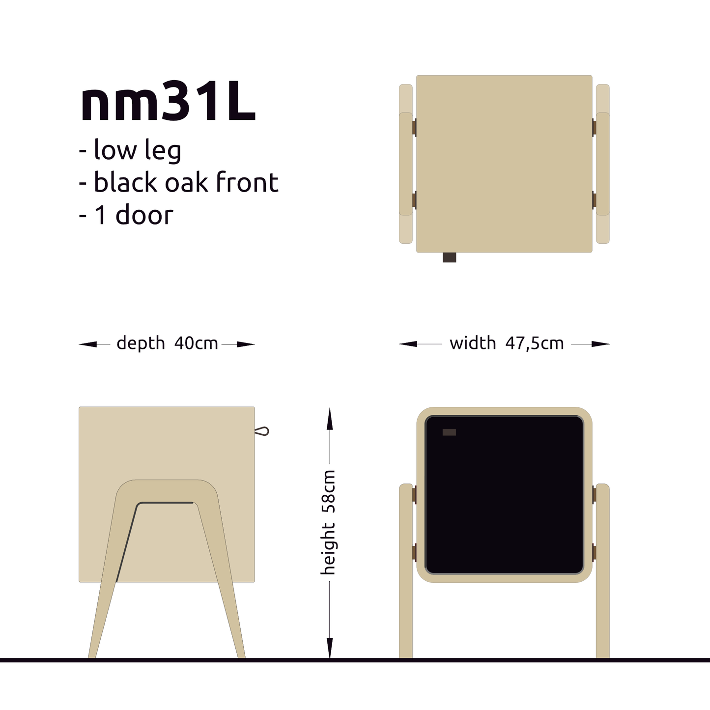 Low nightstand nm31L. The main corpus is crafted from solid Norwegian oak, featuring 1 door with black oak front.
