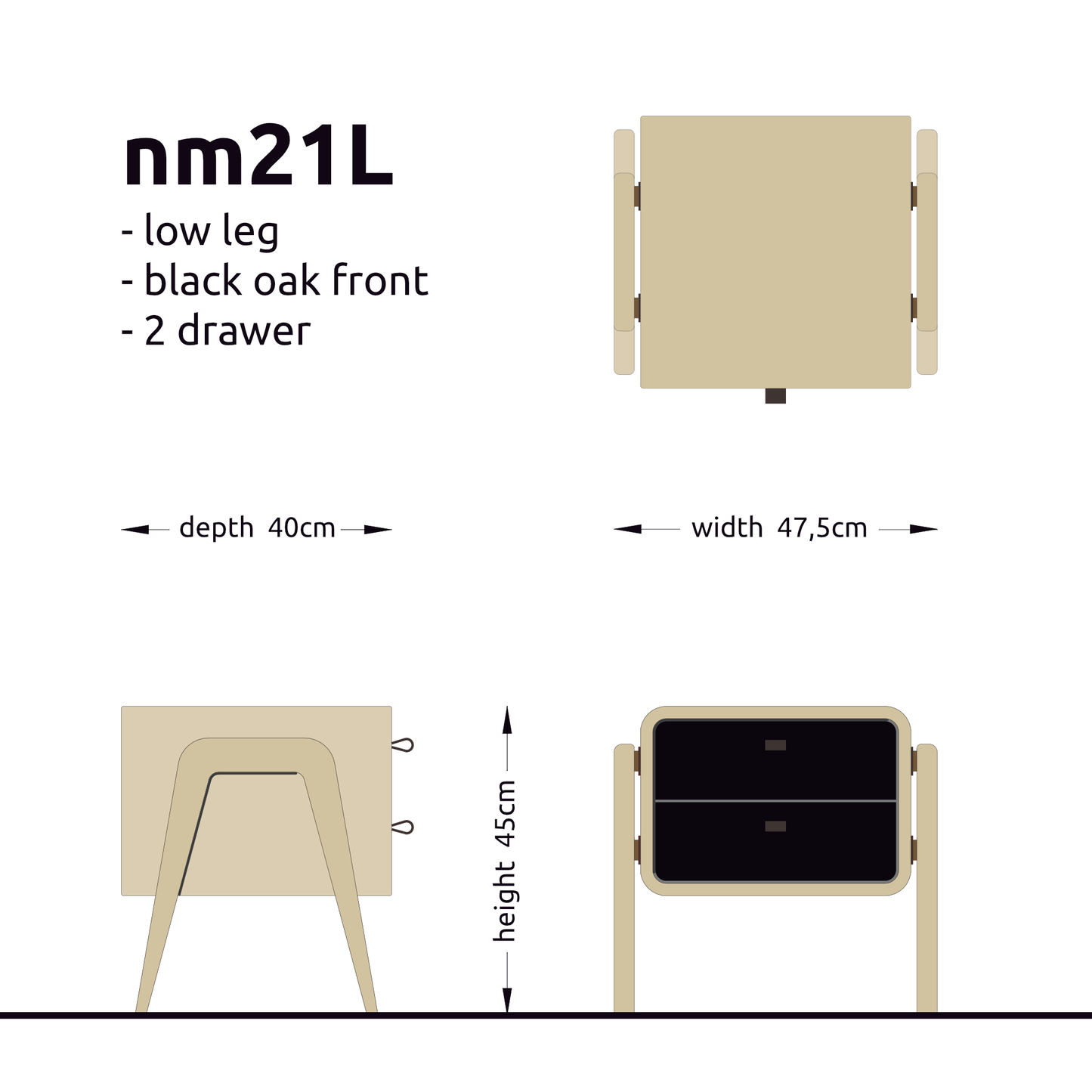 Low nightstand nm21L. The main corpus is crafted from solid Norwegian oak, featuring 2 drawers black oak white front.