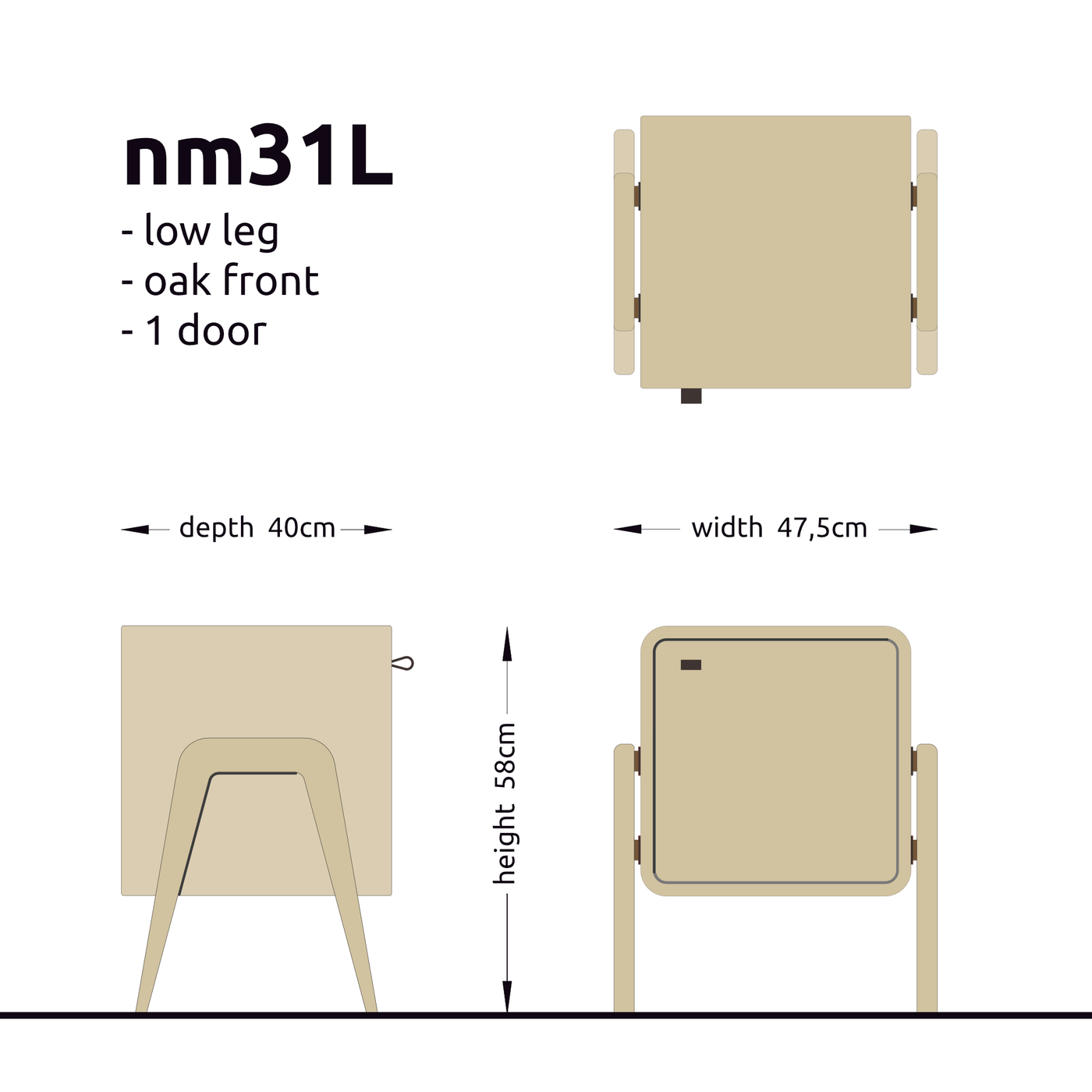 Low nightstand nm31L. The main corpus is crafted from solid Norwegian oak, featuring 1 door with natural oak front.