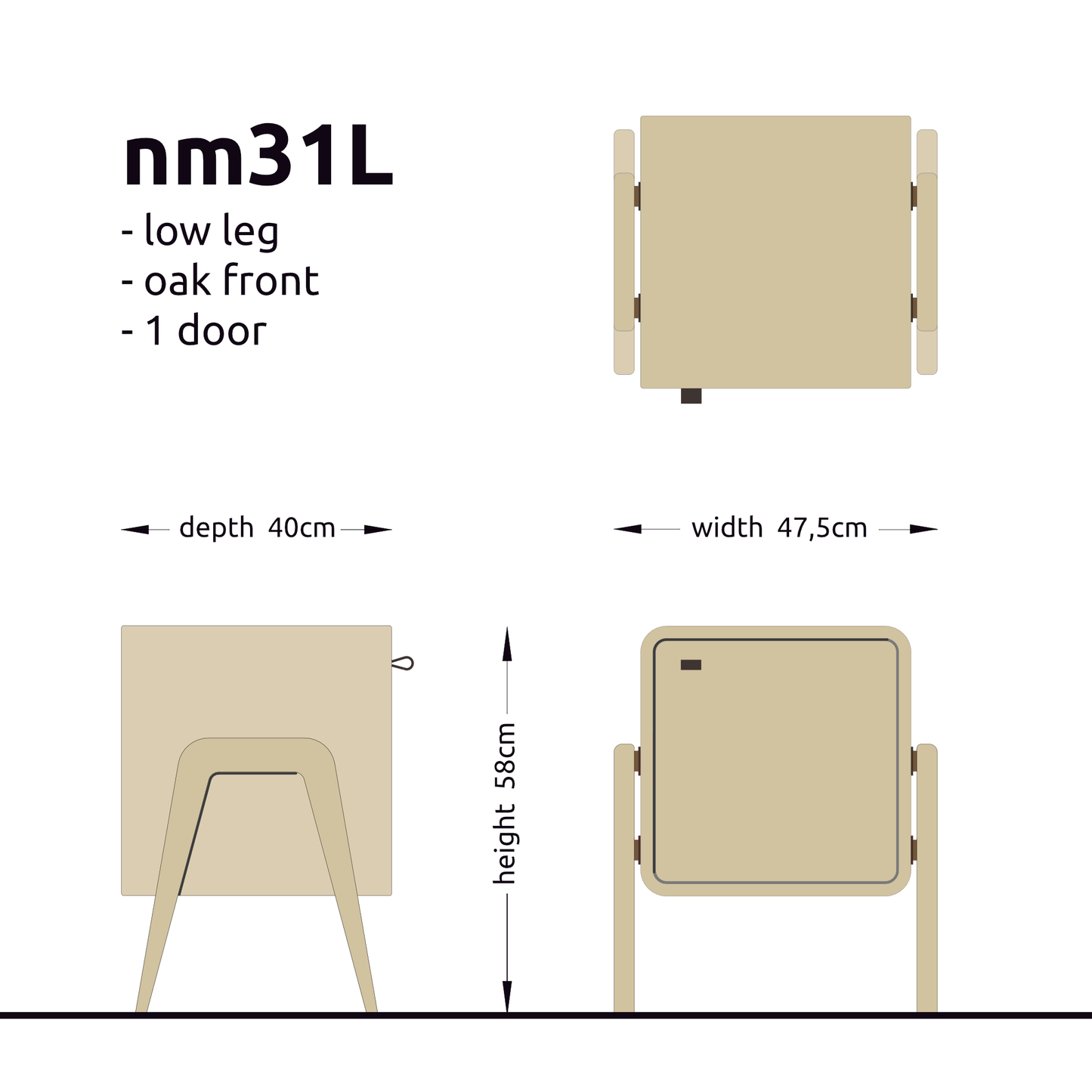 Low nightstand nm31L. The main corpus is crafted from solid Norwegian oak, featuring 1 door with natural oak front.