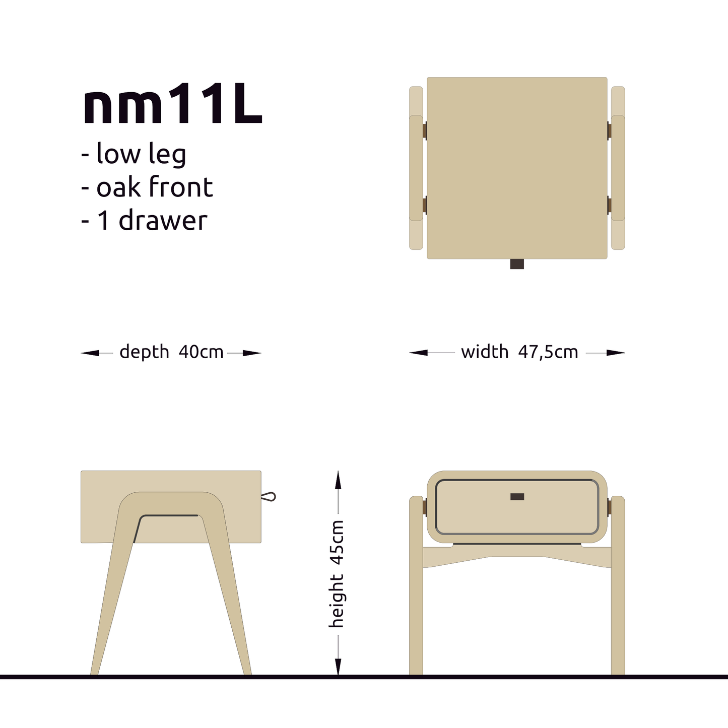 Low nightstand nm11L. The main corpus is crafted from solid Norwegian oak, featuring 1 drawer with natural oak front.