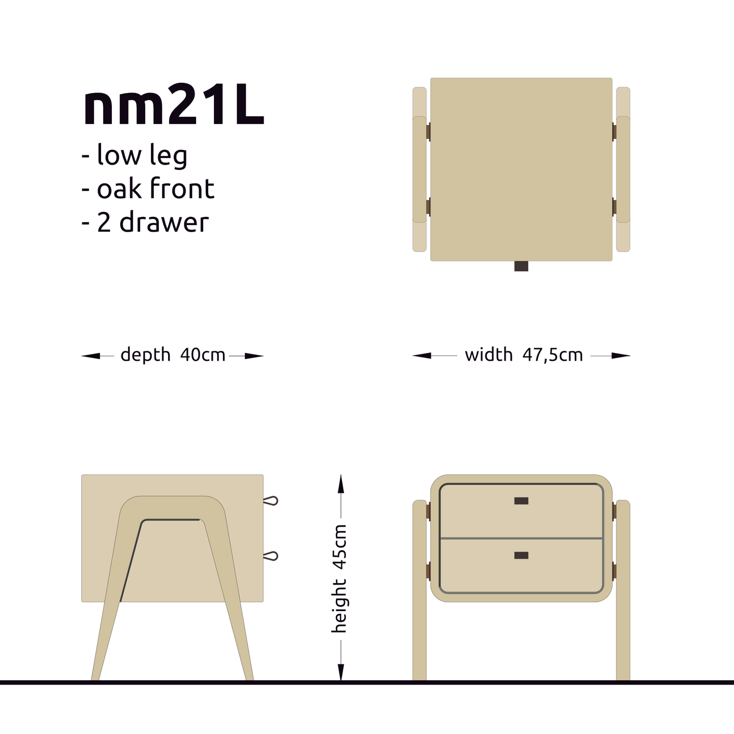 Low nightstand nm21L. The main corpus is crafted from solid Norwegian oak, featuring 2 drawers natural oak white front.