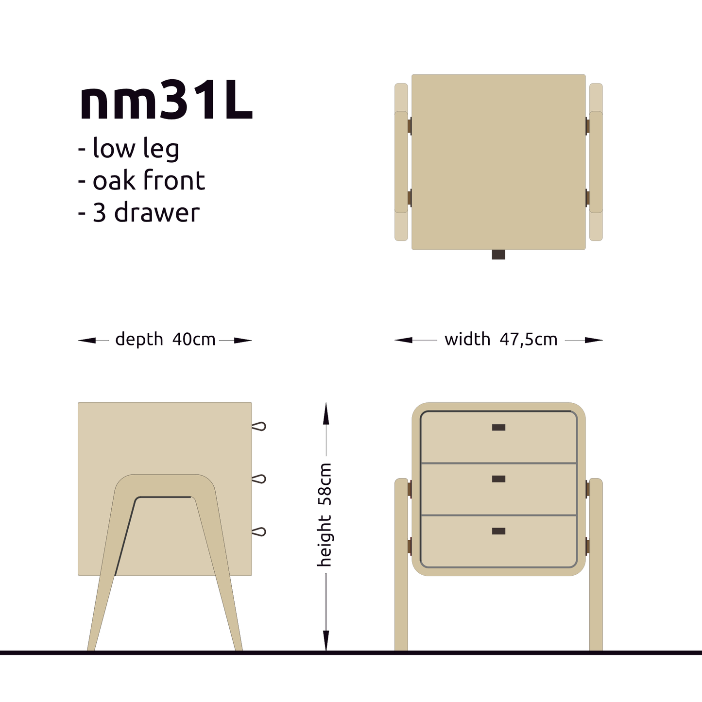 Low nightstand nm31L. The main corpus is crafted from solid Norwegian oak, featuring 3 drawers with natural oak front.