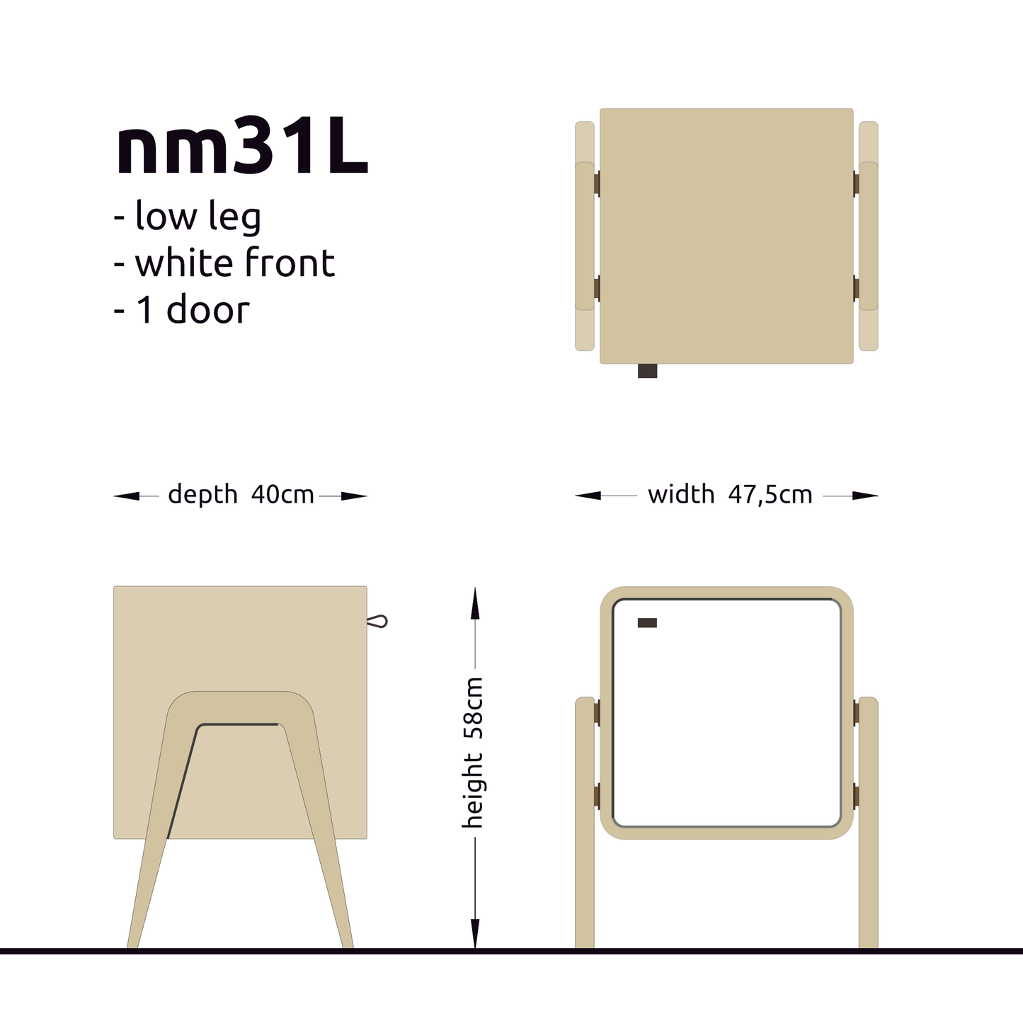 Low nightstand nm31L. The main corpus is crafted from solid Norwegian oak, featuring 1 door with white front.