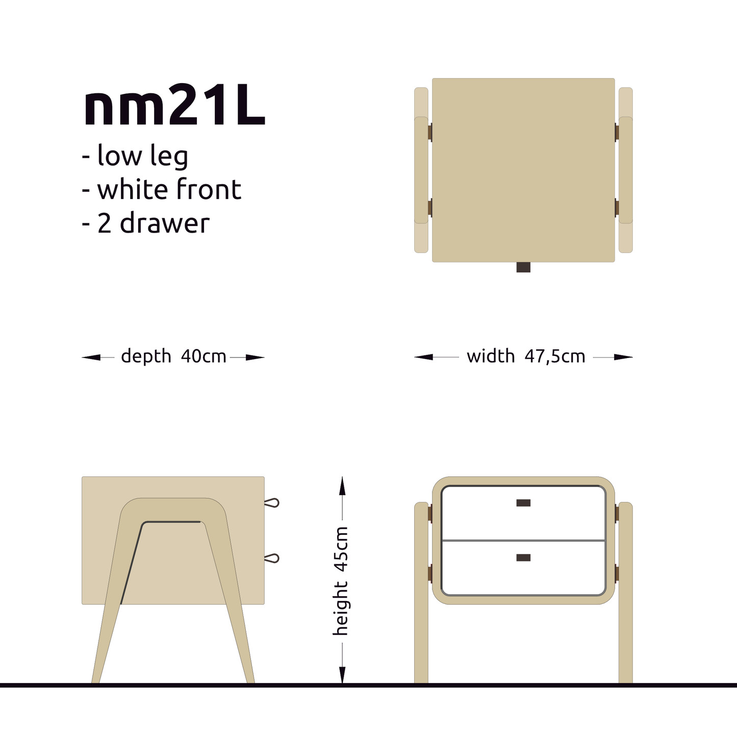 Low nightstand nm21L. The main corpus is crafted from solid Norwegian oak, featuring 2 drawers with white front.