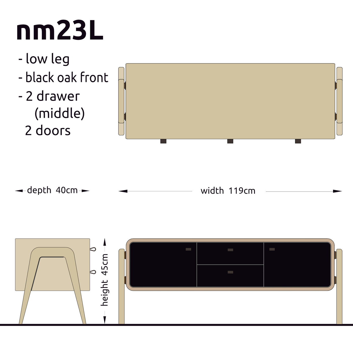 Low sideboard nm23L. The main corpus is crafted from solid Norwegian oak, featuring 2 doors and 2 drawers in the middle, all with black oak fronts.