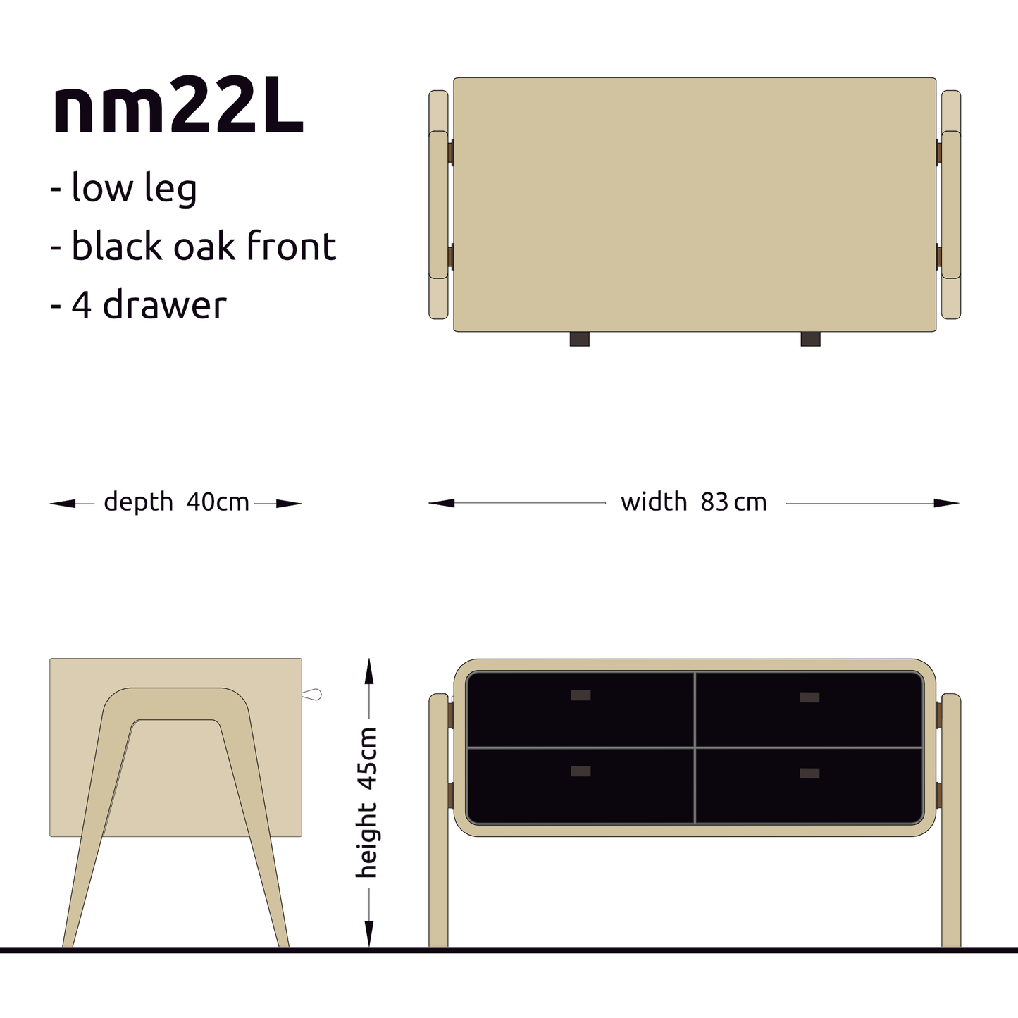 Low sideboard nm22L. The main corpus is crafted from solid Norwegian oak, featuring 4 drawers with black oak fronts.