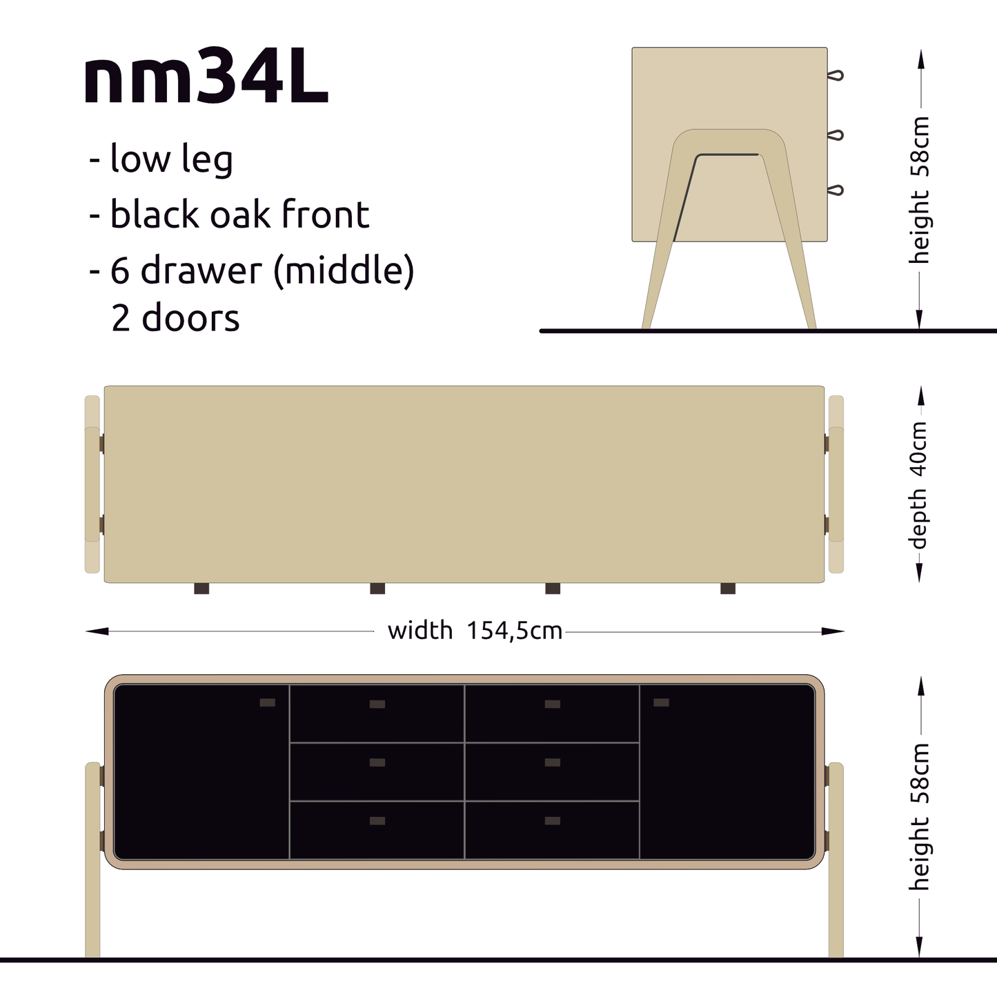 Low sideboard nm23L. The main corpus is crafted from solid Norwegian oak, featuring 2 doors and 6 drawers in the middle, all with black oak fronts.