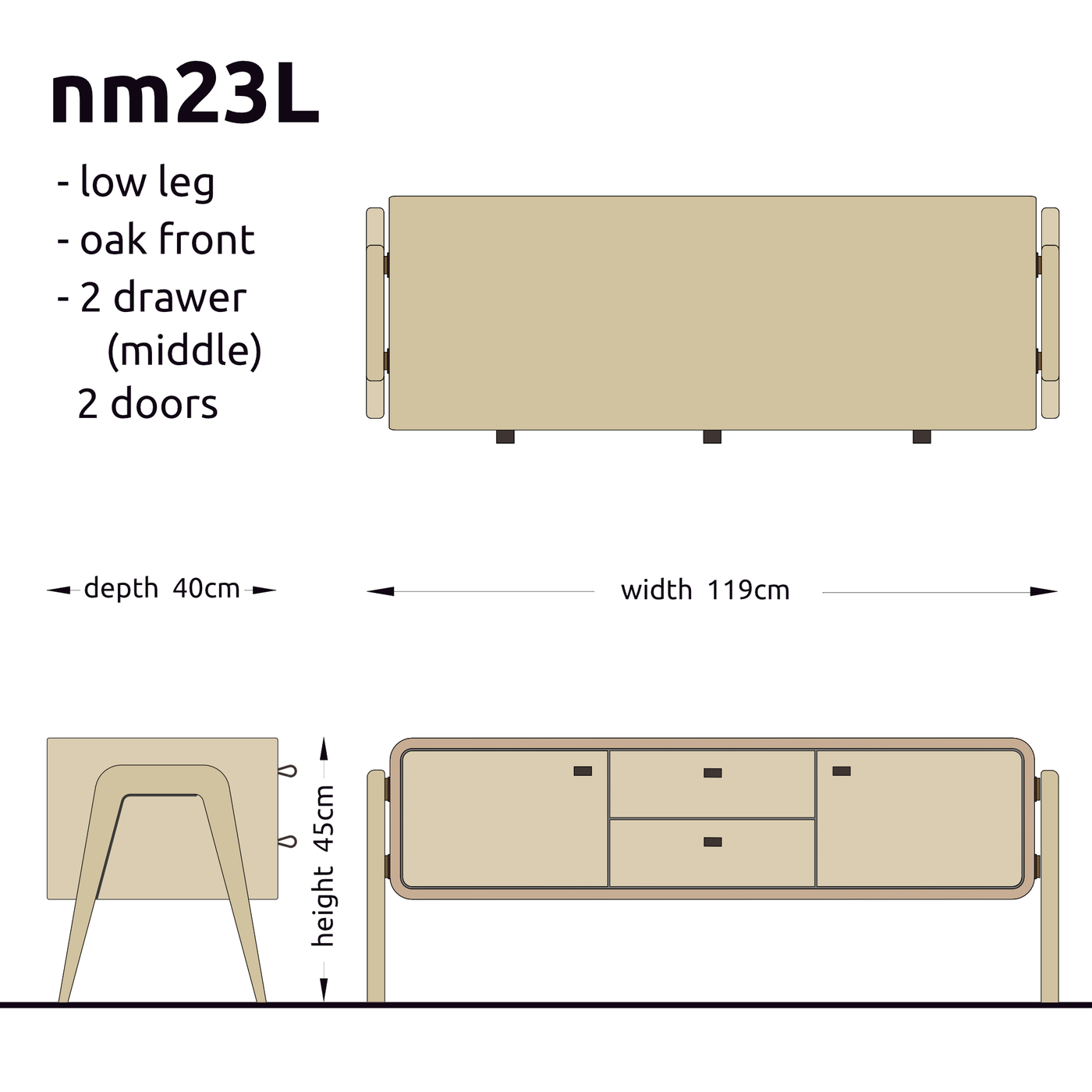 Low sideboard nm23L. The main corpus is crafted from solid Norwegian oak, featuring 2 doors and 2 drawers in the middle, all with natural oak fronts.