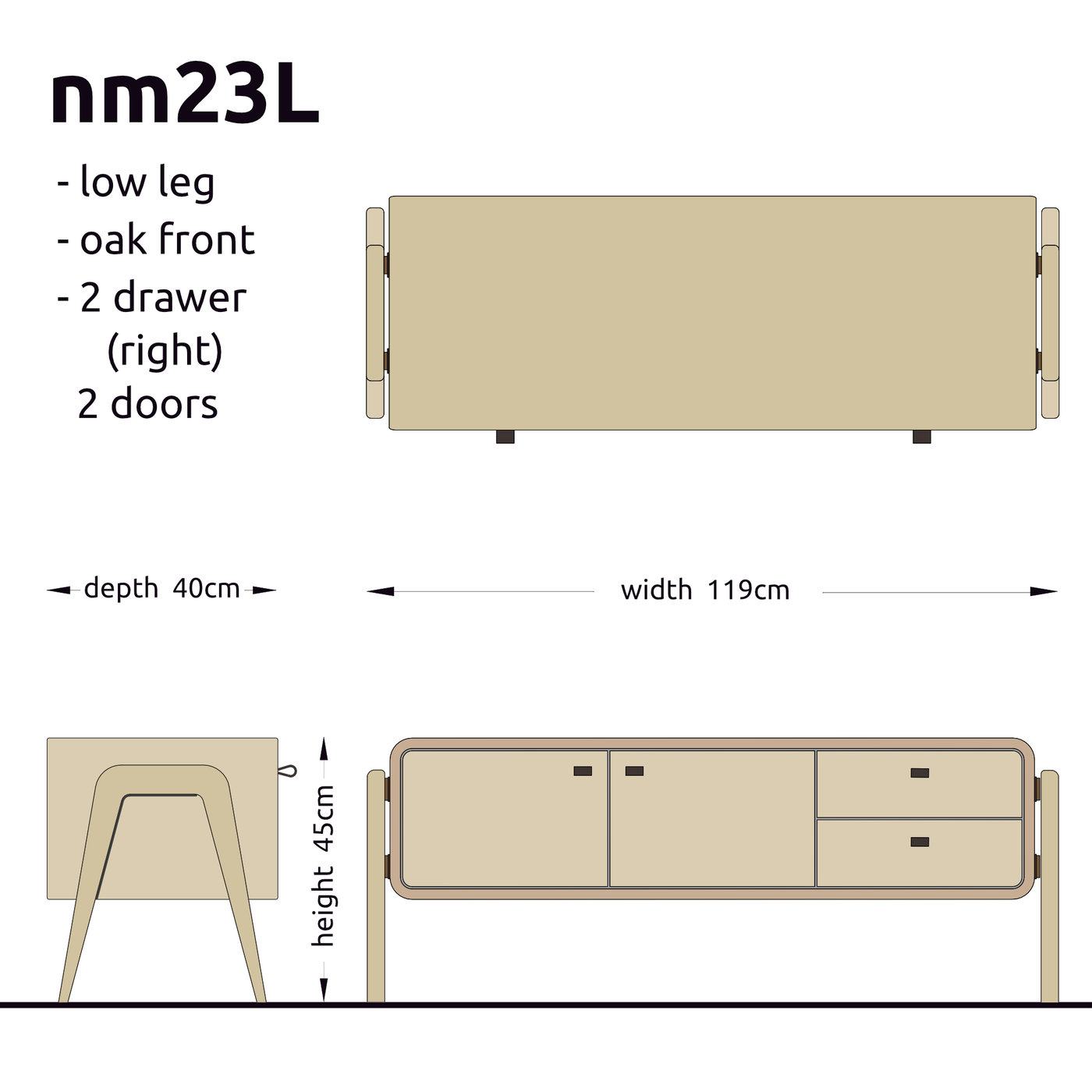 Low sideboard nm23L. The main corpus is crafted from solid Norwegian oak, featuring 2 doors and 2 right drawers, all with natural oak fronts.