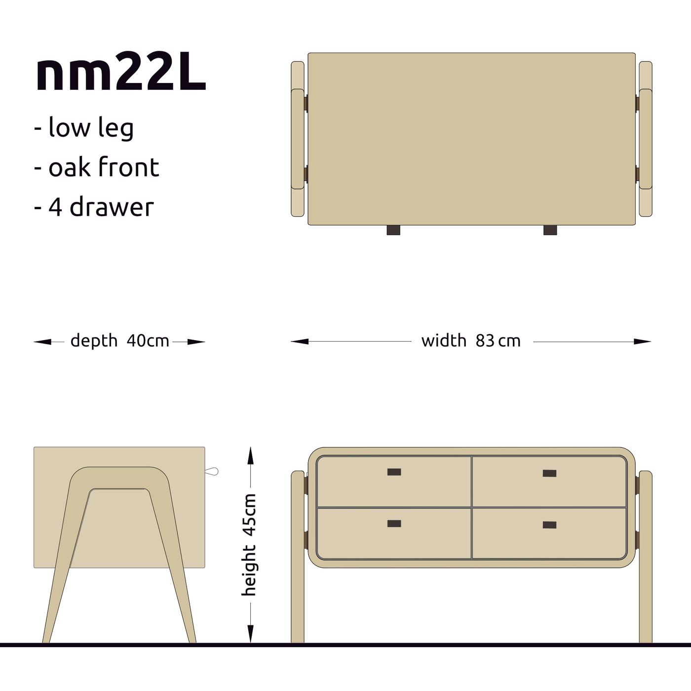 Low sideboard nm22L. The main corpus is crafted from solid Norwegian oak, featuring 4 drawers with natural oak fronts.