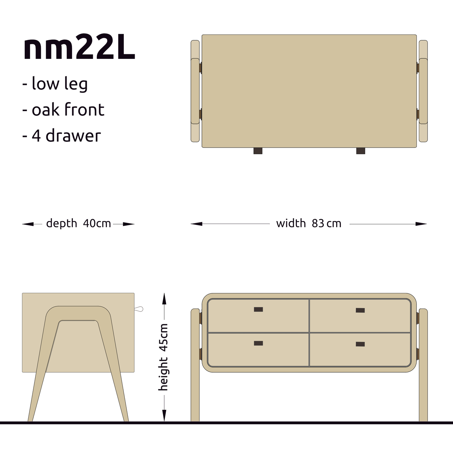 Low sideboard nm22L. The main corpus is crafted from solid Norwegian oak, featuring 4 drawers with natural oak fronts.