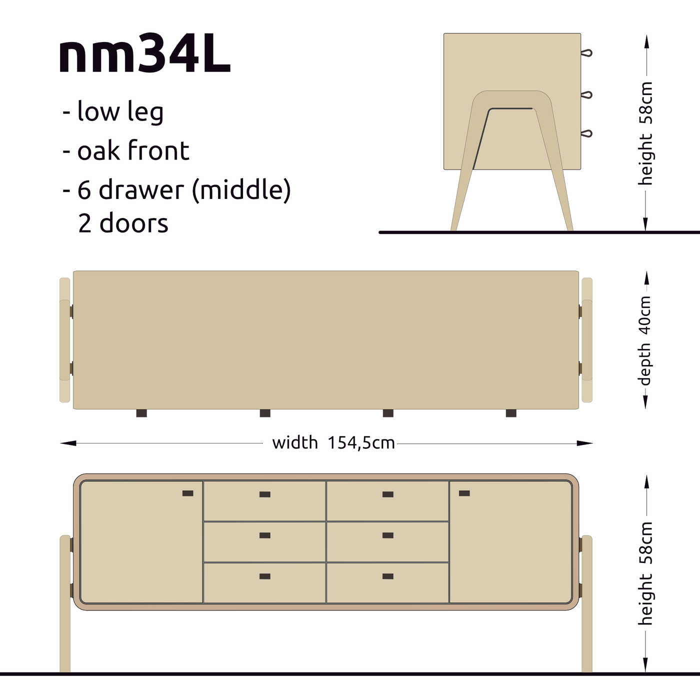 Low sideboard nm23l. The main corpus is crafted from solid Norwegian oak, featuring 2 doors and 6 drawers in the middle, all with natural oak fronts.