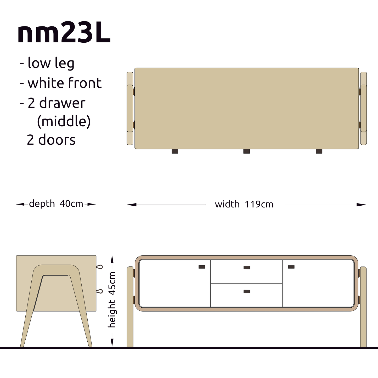 Low sideboard nm23L. The main corpus is crafted from solid Norwegian oak, featuring 2 doors and 2 drawers in the middle, all with white fronts.