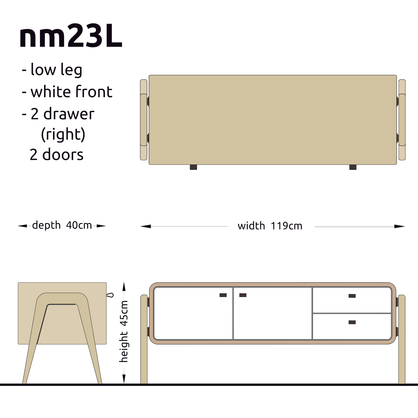 Low sideboard nm23L. The main corpus is crafted from solid Norwegian oak, featuring 2 doors and 2 right drawers, all with white fronts.