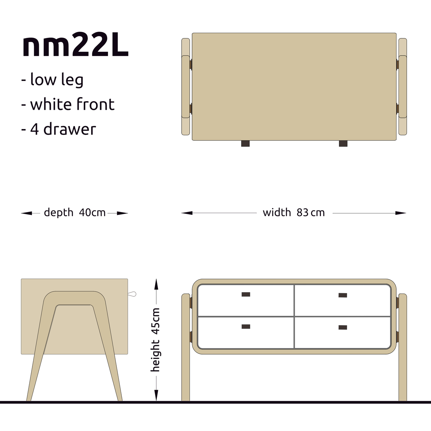 High sideboard nm22H. The main corpus is crafted from solid Norwegian oak, featuring 4 drawers with white fronts.