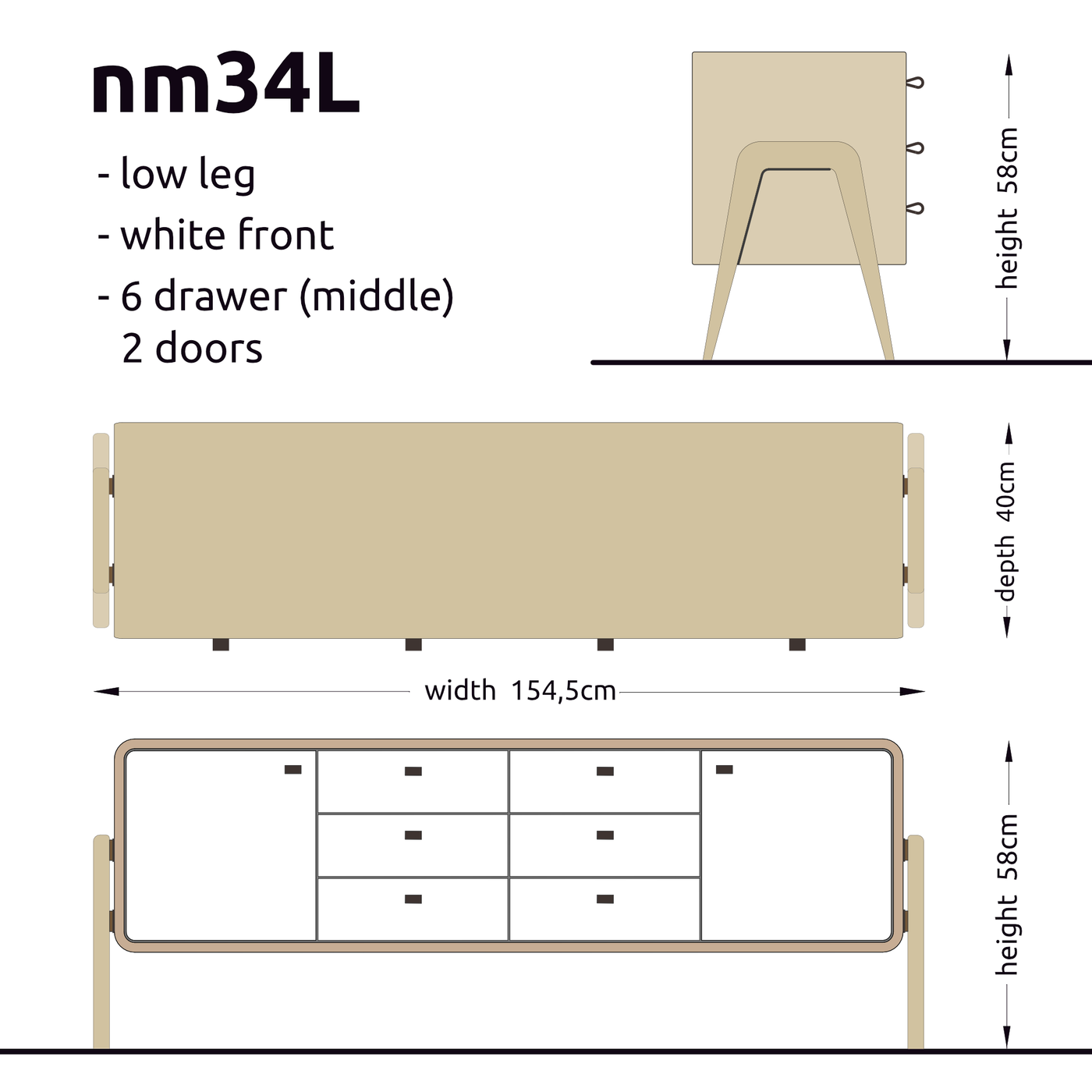Low sideboard nm34L. The main corpus is crafted from solid Norwegian oak, featuring 2 doors and 6 drawers in the middle, all with white fronts.