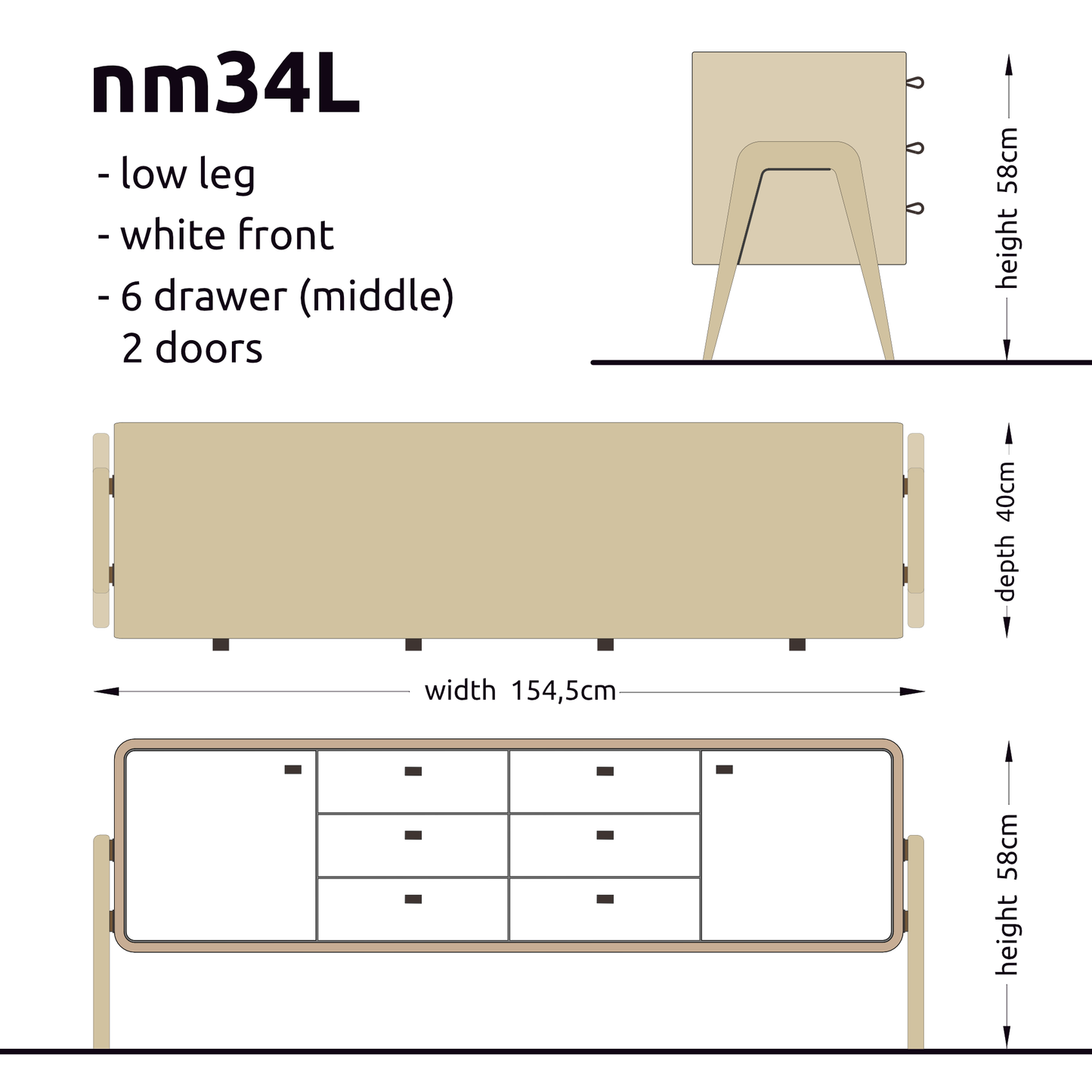 Low sideboard nm34L. The main corpus is crafted from solid Norwegian oak, featuring 2 doors and 6 drawers in the middle, all with white fronts.